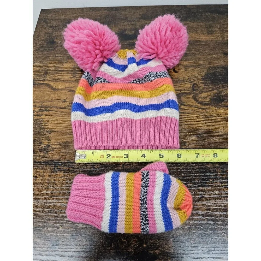 Gap Factory Knit Double Pom Beanie Hat And Mittens Set Girls Size S/M 2-3 Years
